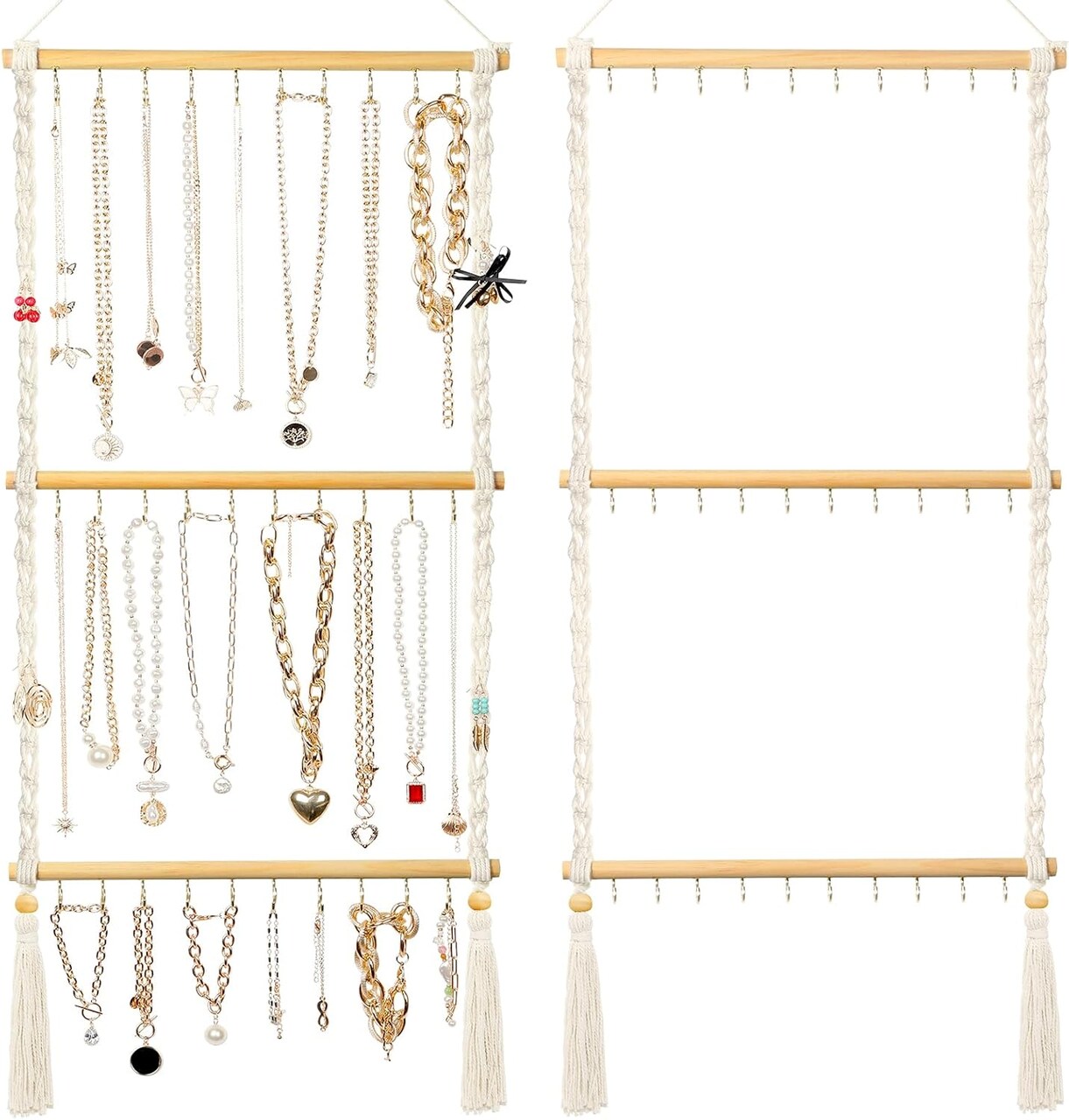 Boho Macramé Hanging Jewelry Organizer – Wall or Over-Door Necklace Rack with 30 Hooks, Tassel Design for Necklaces, Earrings, Bracelets, Headbands, and Bows